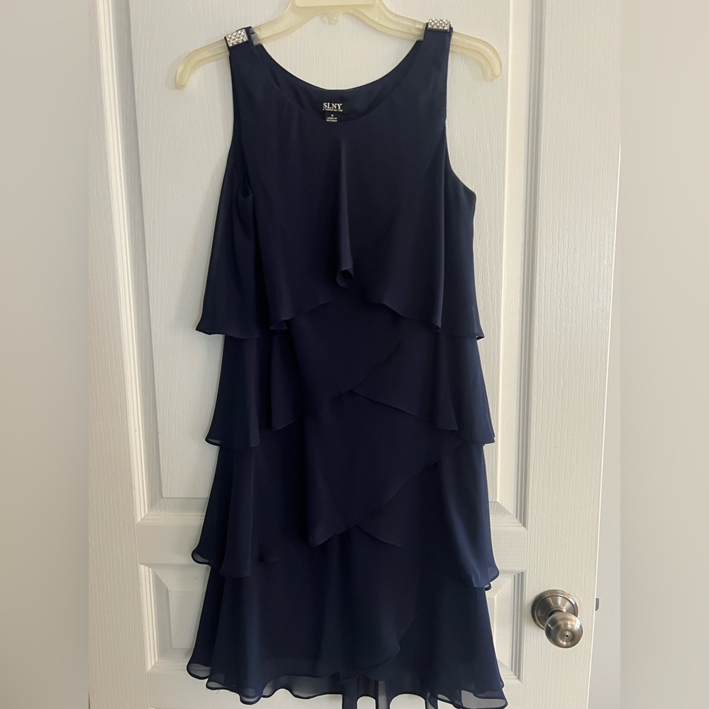SLNY Midnight Blue Layered Midi Dress